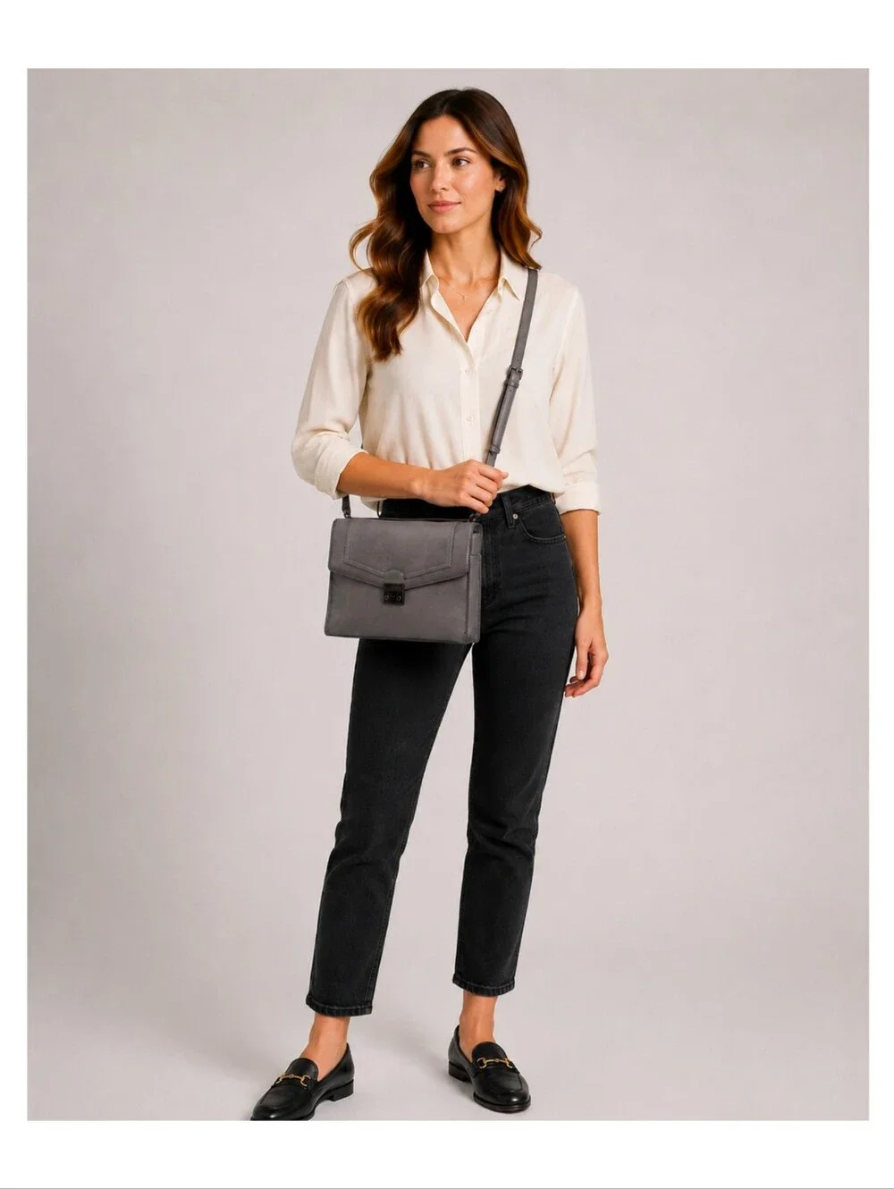 FRYE Alex Flap Shoulder Convertible Crossbody Bag Shadow Grey Leather Push Lock